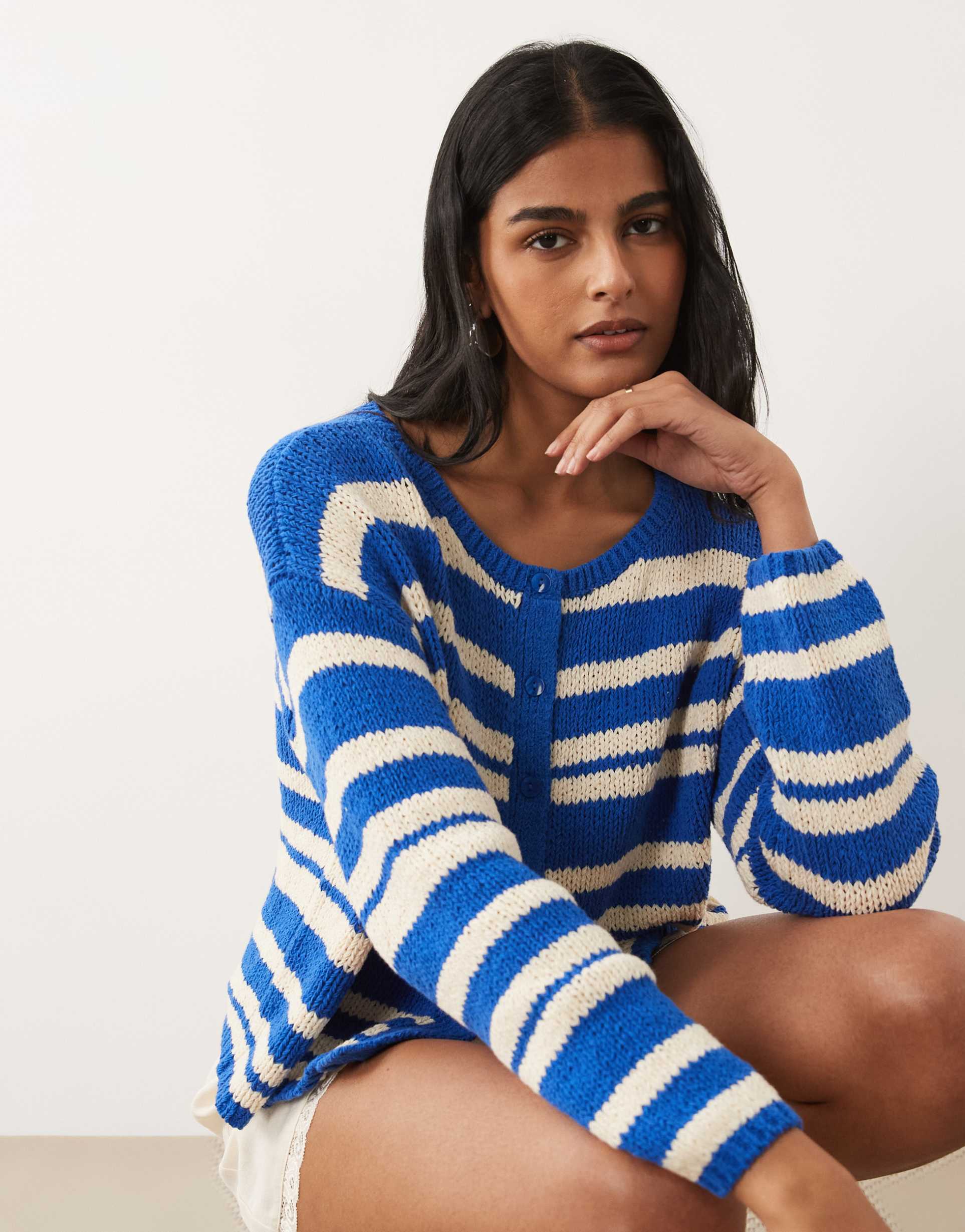 abercrombie & fitch button up lightweight knit micro cardigan in white and blue stripes