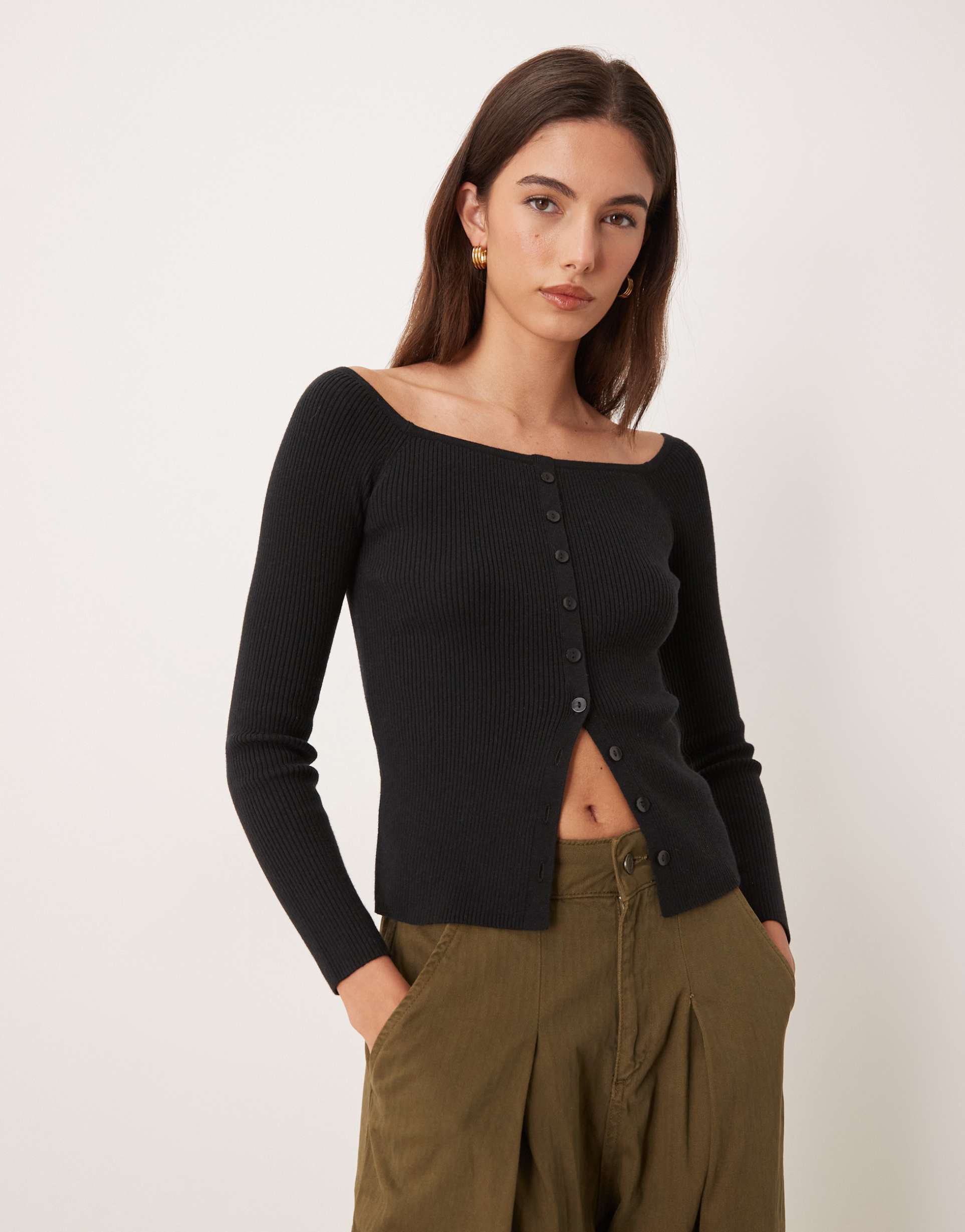 abercrombie & fitch button up off shoulder top in black