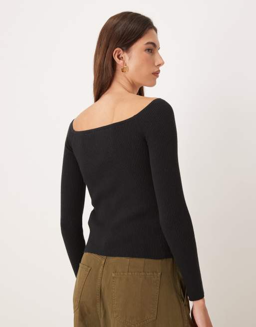 Abercrombie & Fitch button up off shoulder top in black, 4 of 4