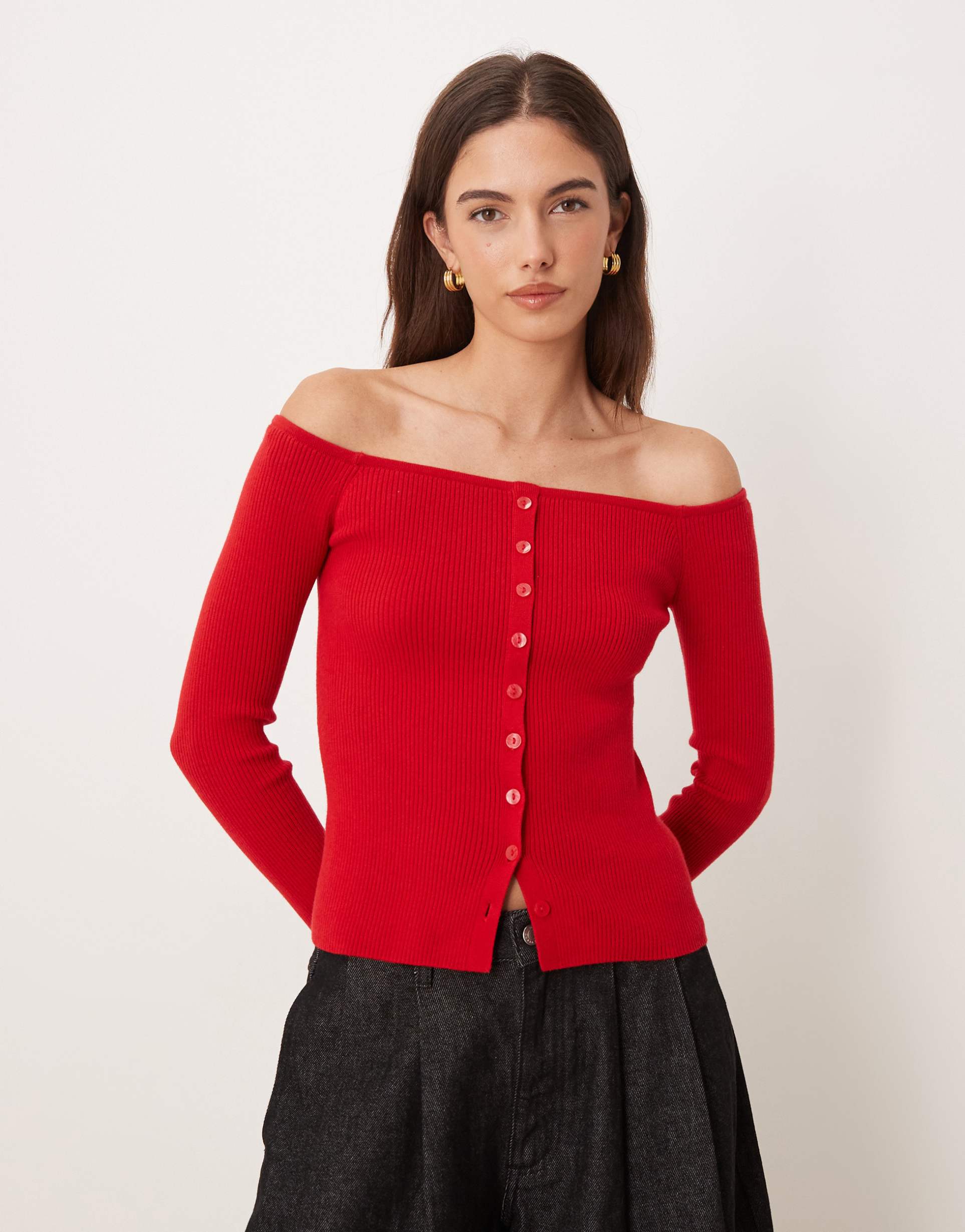 abercrombie & fitch button up off shoulder top in red