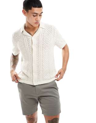 Abercrombie & Fitch Button Up Open Stitch Knit Polo Shirt In Neutral