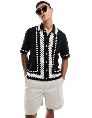 Abercrombie & Fitch Abercrombie & Fitch buttonthrough border stripe crochet knit polo in black