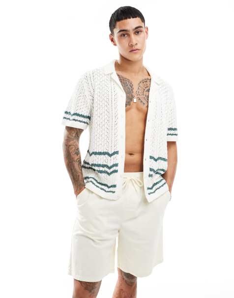 Abercrombie & Fitch buttonthrough open stitch stripe knit polo in white/green - view 1