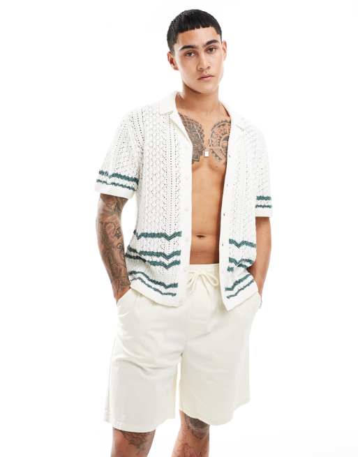  Abercrombie & Fitch buttonthrough open stitch stripe knit polo in white/green