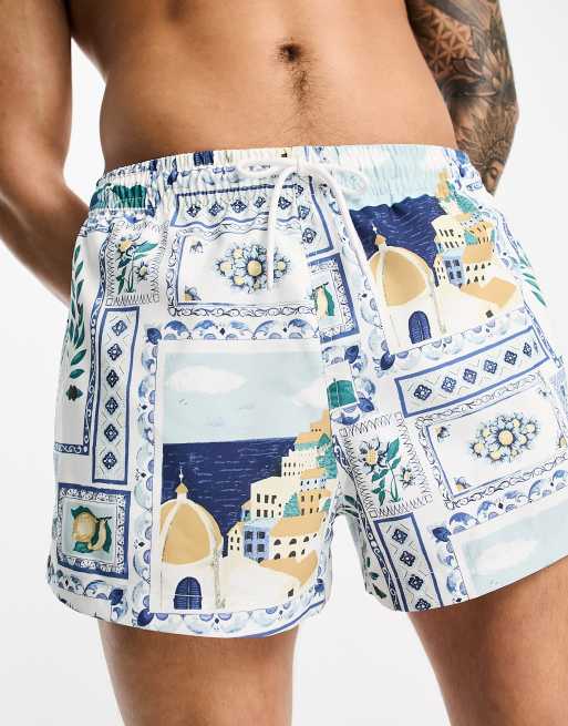 Abercrombie & Fitch - Cabana zwemshort van 3 inch met met ansichtkaartprint in blauw