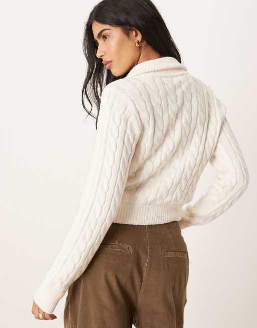 Abercrombie & Fitch cable knit full zip collared cardigan in cream, 3 of 4