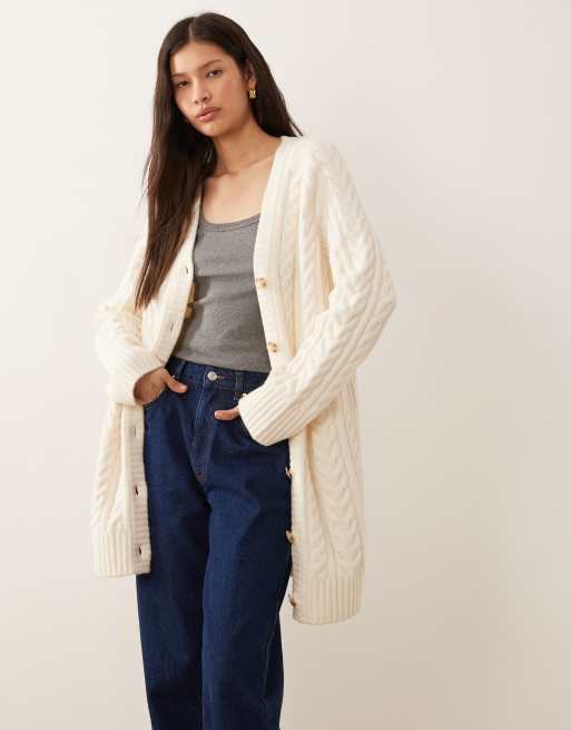 Abercrombie & Fitch cable knit longline cardigan in cream, 2 of 4