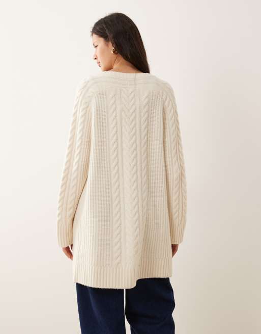 Abercrombie & Fitch cable knit longline cardigan in cream, 3 of 4