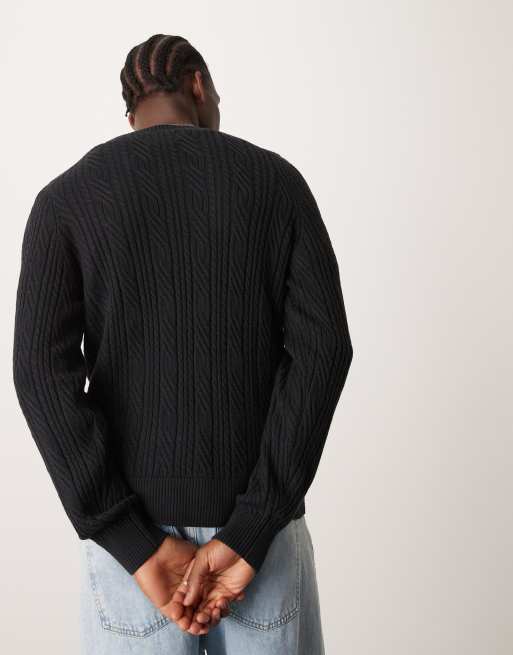 Abercrombie & Fitch cable knit merino jumper in black, 3 of 4