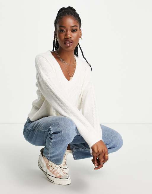 Abercrombie Fitch cable knit v neck jumper in white ASOS