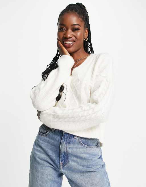 Abercrombie & Fitch cableknit vneck sweater in white ASOS