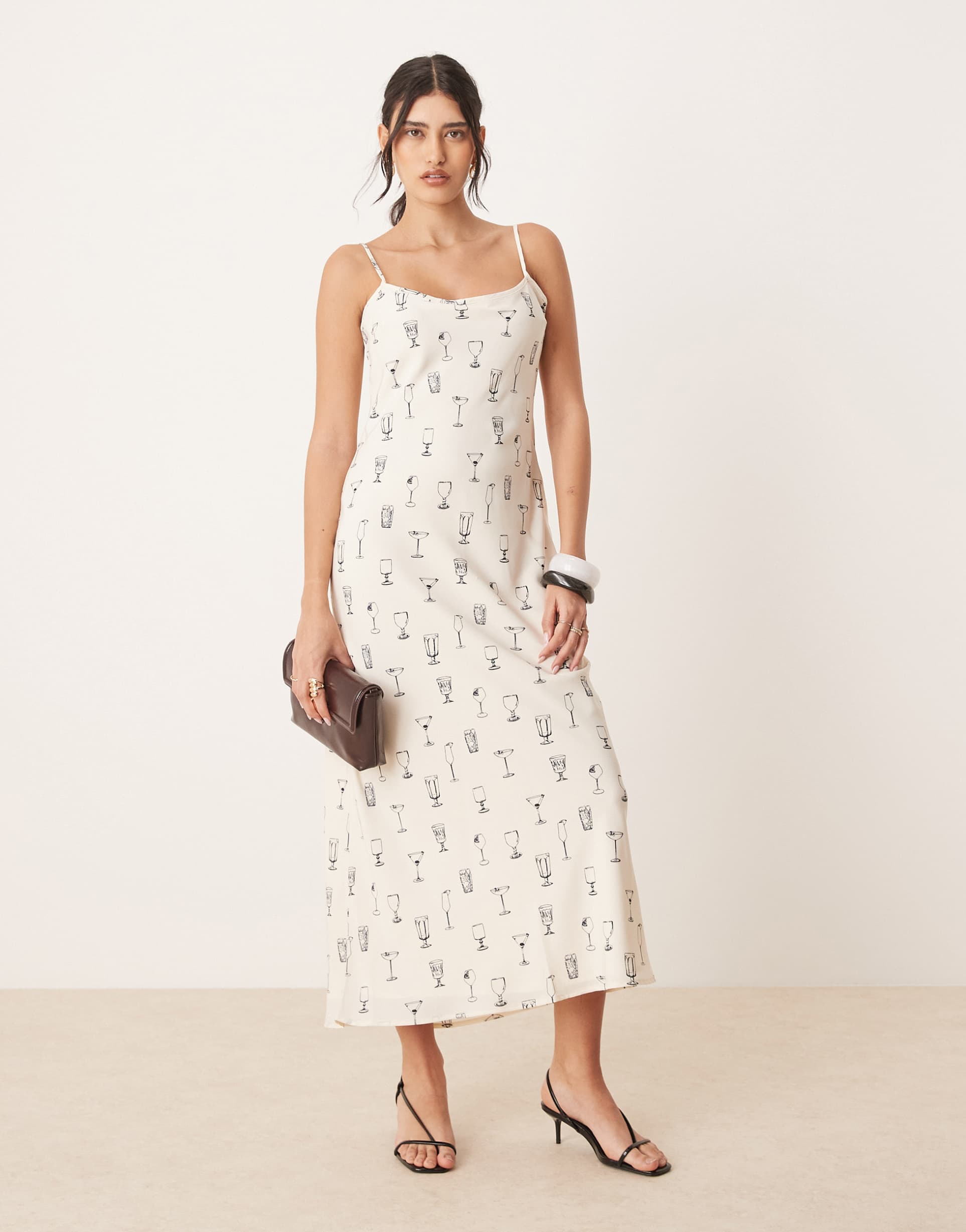 abercrombie & fitch cami strap slip maxi dress in cream martini print