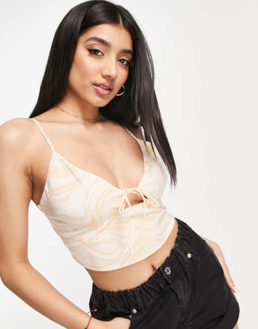 Plunging Neck Tie Back Shirred Crop Top