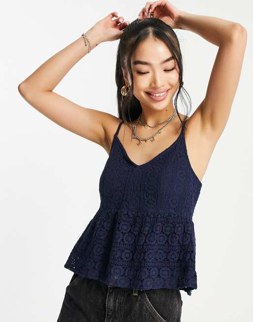 Abercrombie & Fitch - Cami top met kant in marineblauw