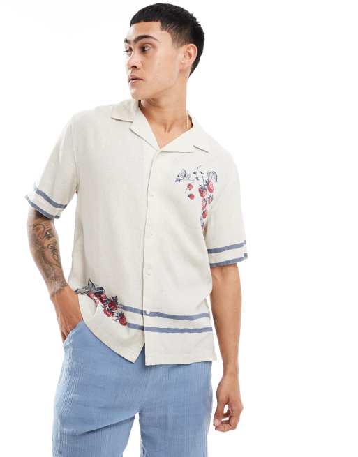Abercrombie & Fitch - Camicia a maniche corte color cuoio in lino con frutta ricamata e rever
