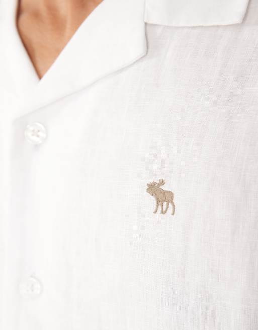 Abercrombie & Fitch - Camicia a maniche corte in 100% lino bianco con logo a icona, 2 di 5