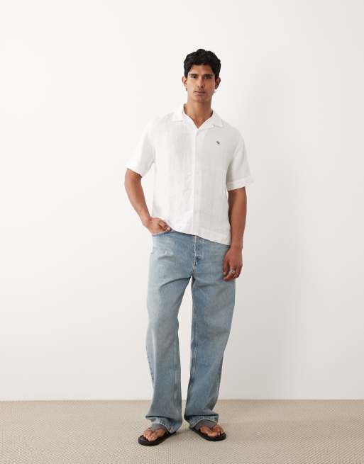 Abercrombie & Fitch - Camicia a maniche corte in 100% lino bianco con logo a icona, 3 di 5