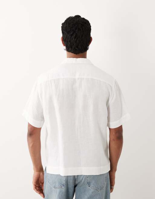 Abercrombie & Fitch - Camicia a maniche corte in 100% lino bianco con logo a icona, 4 di 5