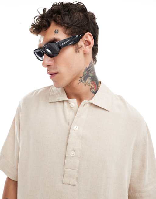 Abercrombie & Fitch - Camicia a maniche corte in misto lino beige