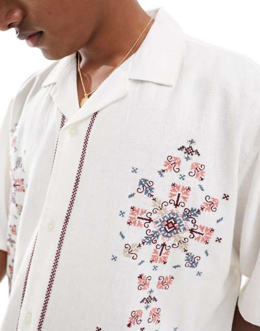 Abercrombie & Fitch - Camicia a maniche corte in misto lino bianca ricamata, 4 di 4