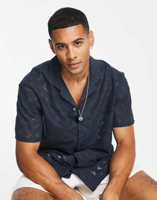 Abercrombie & Fitch - Camicia a maniche corte in pizzo blu navy con colletto a rever