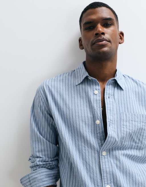 Abercrombie & Fitch - Camicia a maniche corte in seersucker blu a righe, 3 di 5