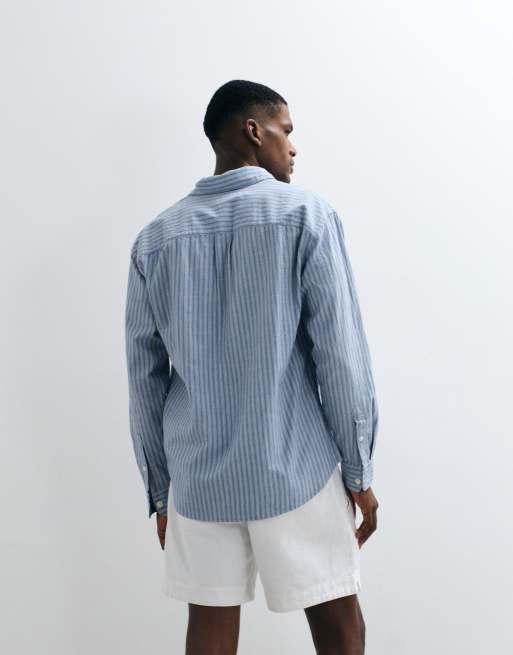 Abercrombie & Fitch - Camicia a maniche corte in seersucker blu a righe, 4 di 5