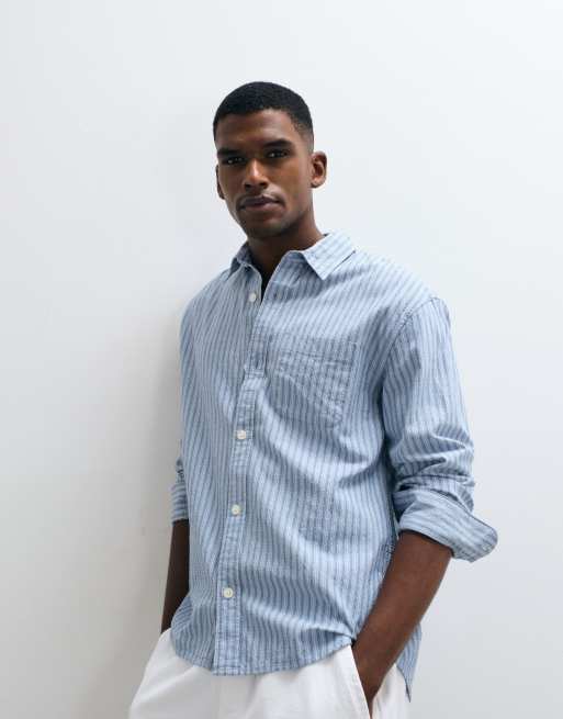 Abercrombie & Fitch - Camicia a maniche corte in seersucker blu a righe, 5 di 5