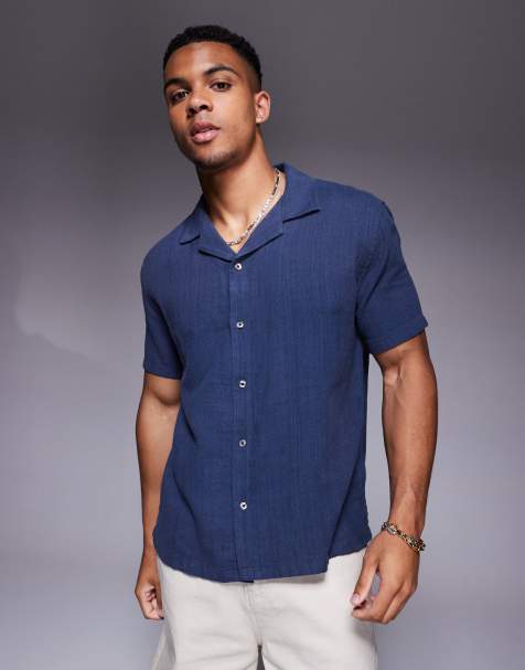 Abercrombie & Fitch - Camicia a maniche corte testurizzata blu navy in lino - view 1