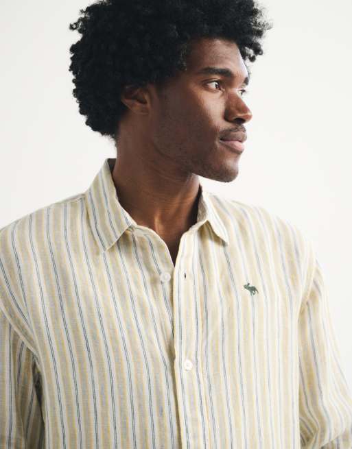 Abercrombie & Fitch - Camicia a maniche lunghe 100% lino giallo a righe blu, 3 di 5