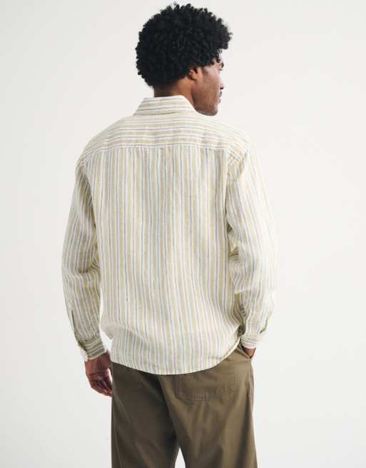 Abercrombie & Fitch - Camicia a maniche lunghe 100% lino giallo a righe blu, 4 di 5