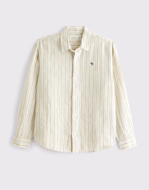 Abercrombie & Fitch - Camicia a maniche lunghe 100% lino giallo a righe blu, 5 di 5