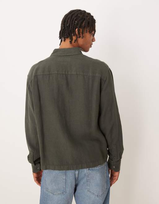 Abercrombie & Fitch - Camicia a maniche lunghe 100% lino verde scuro, 3 di 5