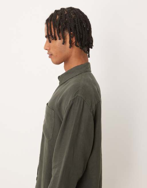 Abercrombie & Fitch - Camicia a maniche lunghe 100% lino verde scuro, 4 di 5