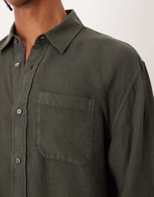 Abercrombie & Fitch - Camicia a maniche lunghe 100% lino verde scuro, 5 di 5