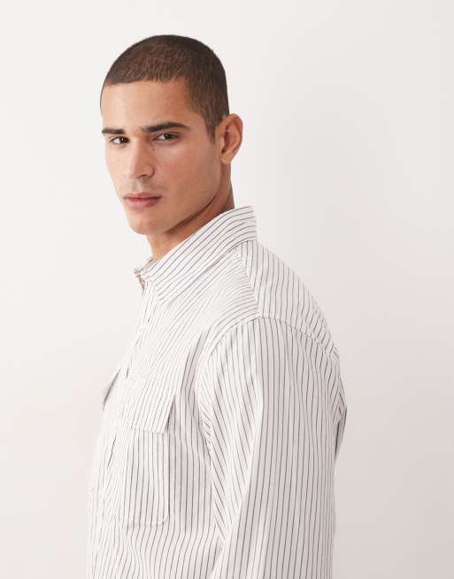 Abercrombie & Fitch - Camicia a maniche lunghe bianca a righe con tasche, 4 di 5