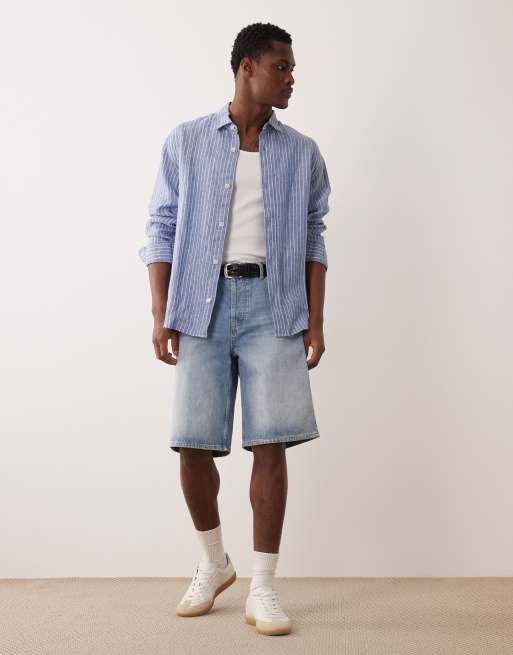 Abercrombie & Fitch - Camicia a maniche lunghe blu a righe in 100% lino, 2 di 5