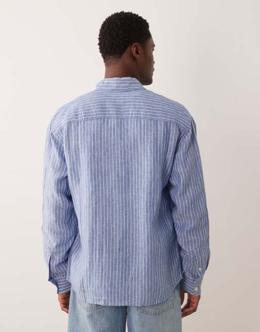 Abercrombie & Fitch - Camicia a maniche lunghe blu a righe in 100% lino, 3 di 5