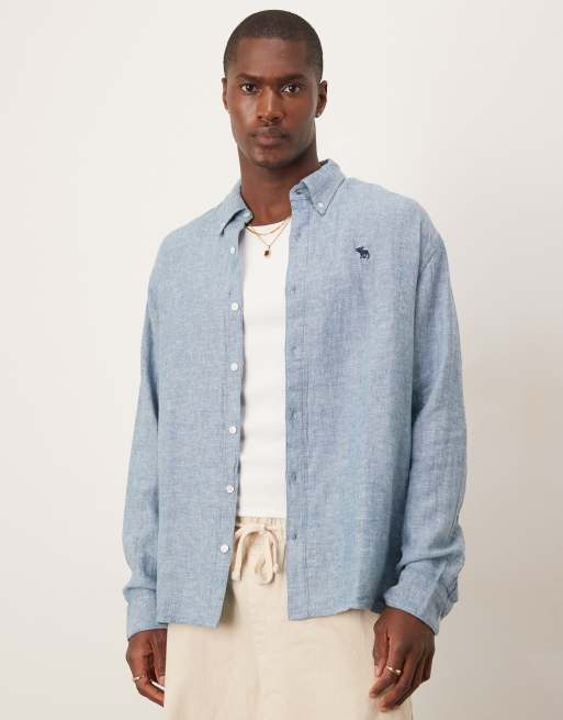 Abercrombie & Fitch - Camicia a maniche lunghe color panna in lino con icona del logo