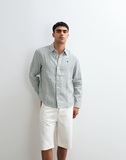 Abercrombie & Fitch - Camicia a maniche lunghe in 100% lino verde a righe, 2 di 5