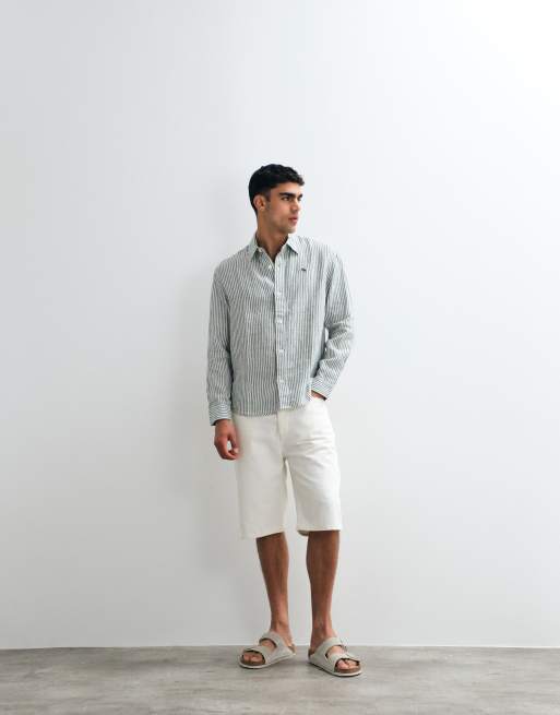 Abercrombie & Fitch - Camicia a maniche lunghe in 100% lino verde a righe, 3 di 5