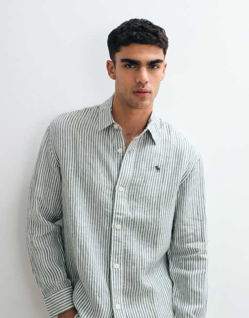 Abercrombie & Fitch - Camicia a maniche lunghe in 100% lino verde a righe, 4 di 5