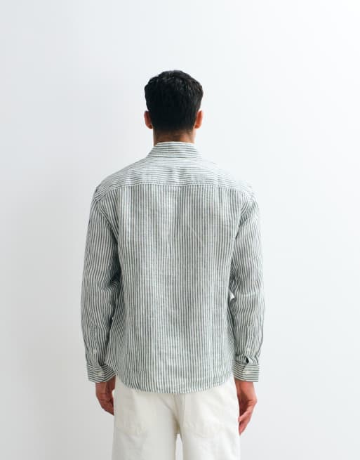 Abercrombie & Fitch - Camicia a maniche lunghe in 100% lino verde a righe, 5 di 5