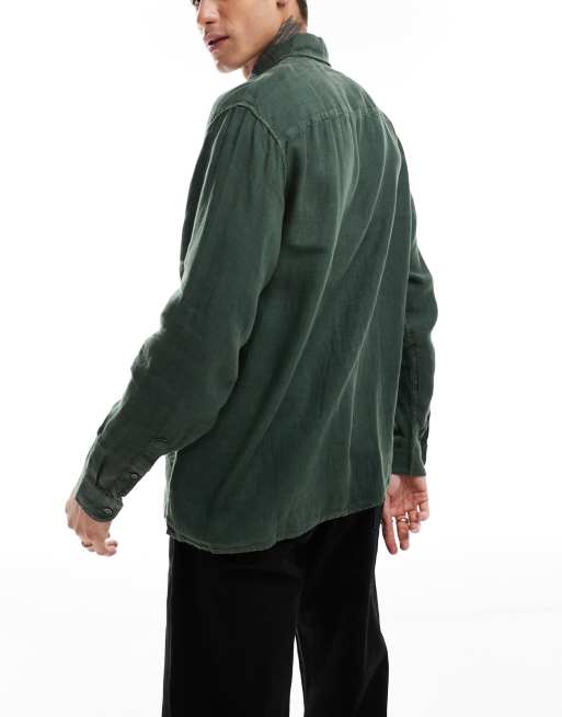 Abercrombie & Fitch - Camicia a maniche lunghe in lino verde scuro, 2 di 4