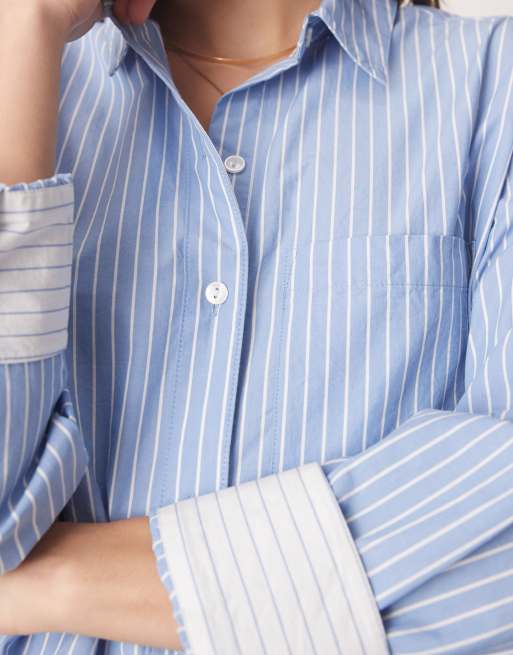 Abercrombie & Fitch - Camicia a maniche lunghe oversize in popeline a righe blu e bianca, 3 di 4