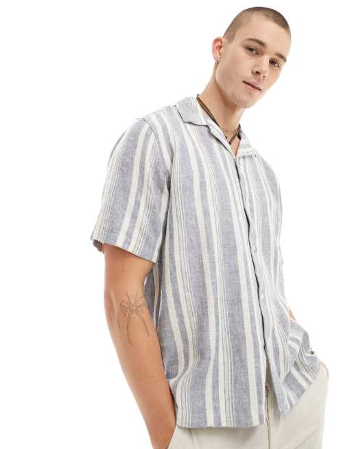 Abercrombie & Fitch - Camicia comoda a maniche corte blu a righe in misto lino plumetis