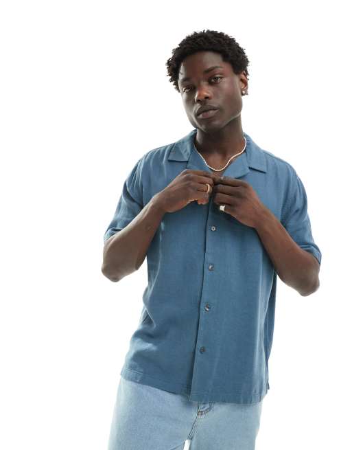 Abercrombie & Fitch - Camicia comoda a maniche corte blu medio in misto lino con colletto a rever