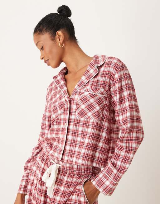 Abercrombie & Fitch - Camicia del pigiama corta a quadri scozzesi rossi e verdi in coordinato