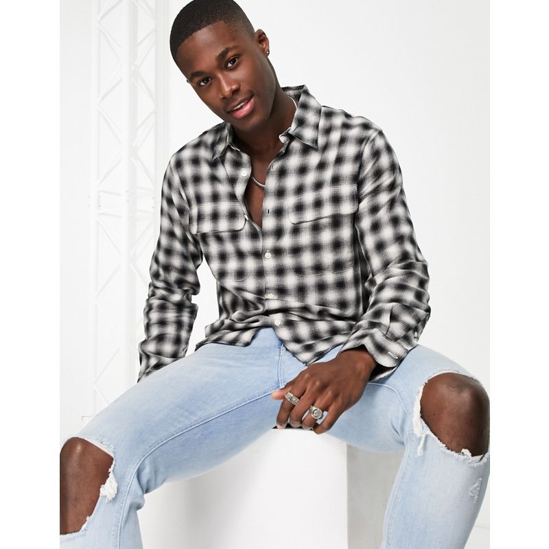 Uomo Camicie a quadri Abercrombie & Fitch - Camicia drappeggiata in flanella a quadretti sfumati bianco/nero