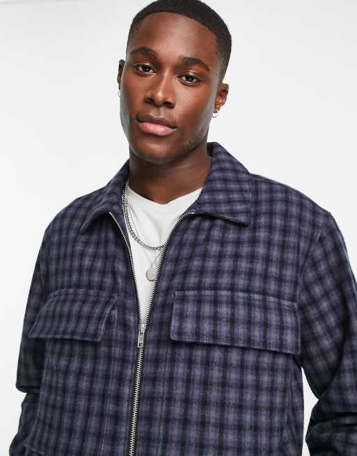 Abercrombie & Fitch - Camicia giacca oversize blu a quadri con zip sulla parte anteriore, 3 di 4